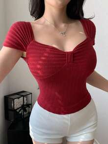 Camiseta ajustada de verano para mujer con escote palabra de honor, manga corta y hombros descubiertos, con detalle de nudo retorcido, top corto para mujer - Rojo - Ver 2