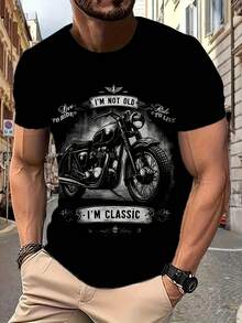 Men's Retro 3D Digital Motorcycle Short Sleeve Crew Neck T-Shirt With "I'M NOT OLD I'M CLASSIC" Slogan, Summer Fashion Top For Outdoor Activities - Black - View 1