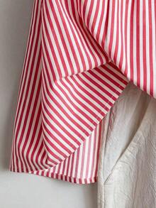 Linhara Blusa casual de verano de talla grande para mujer, de unicolor, cuello redondo, manga corta de doble capa, plisada, de moda versátil para vacaciones - Rojo 2 - Ver 5