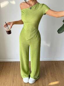 Set de 2 piezas: Camiseta con hombro asimétrico + Pantalones de pierna ancha y cintura baja, Ropa de estar en casa casual - Verde - Ver 1