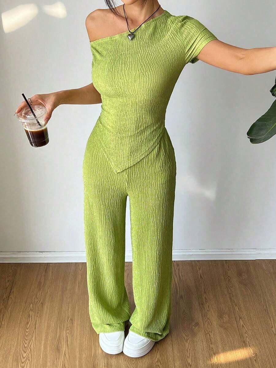 Set de 2 piezas: Camiseta con hombro asimétrico + Pantalones de pierna ancha y cintura baja, Ropa de estar en casa casual - Verde - Ver 1