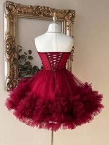 Elegante y lujoso vestido corto hecho a mano con aplicaciones bordadas, encaje de ganchillo y parches de satén, con abertura en la cintura, adecuado para citas, fiestas de solteros, galas, bailes, Día de San Valentín - Burdeos - Ver 3