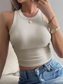 Camiseta de tirantes ajustada de unicolor casual de verano para mujer - Beis - Ver 2