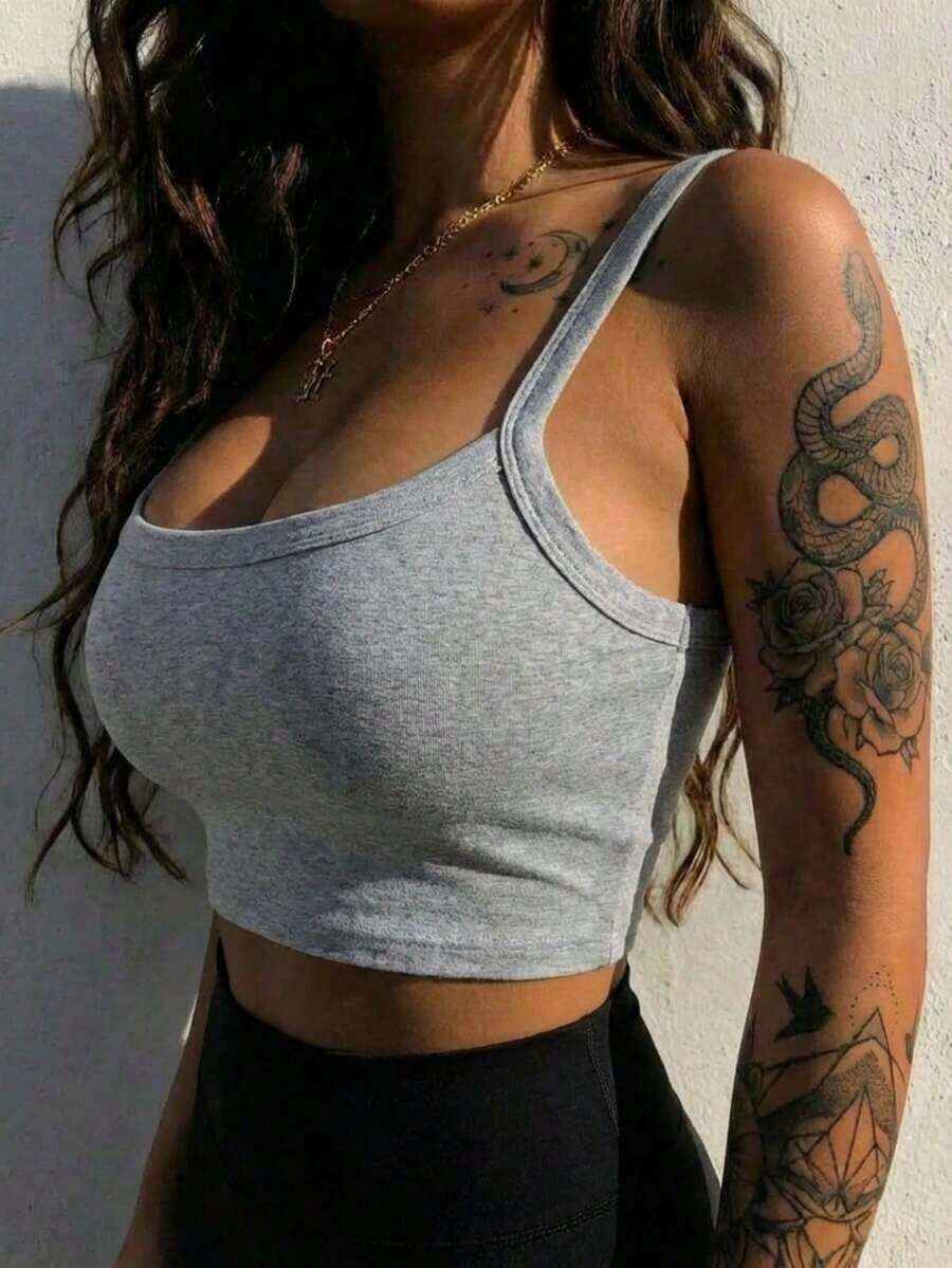 Camiseta corta de tirantes gruesos simple para mujer, adecuada para primavera/verano, estilo casual/streetwear/Y2K, apta para oficina/hogar/streetwear/discoteca y otras ocasiones, color negro - Gris Claro - Ver 1