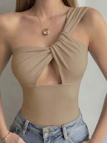 Camiseta sin mangas ajustada con tiras cruzadas huecas, estilo sexy y casual para mujer, Y2K - Caqui - Ver 1