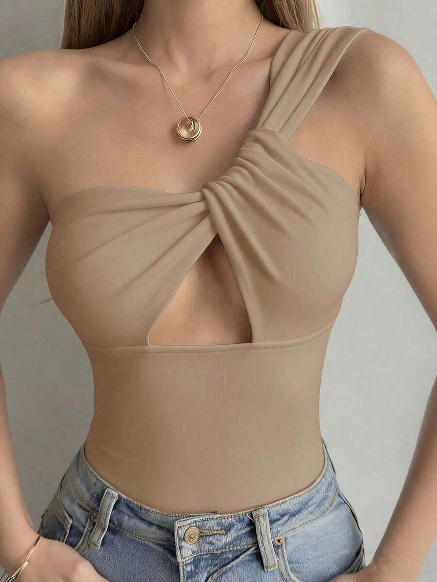Camiseta sin mangas ajustada con tiras cruzadas huecas, estilo sexy y casual para mujer, Y2K - Caqui - Ver 1