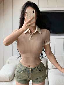 casual de mujer de unicolor con cuello polo y manga corta, para el verano, top corto para mujeres - Caqui - Ver 4