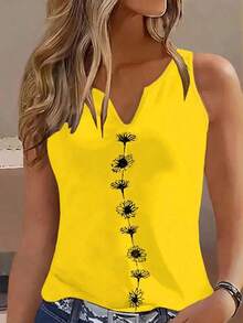 Camiseta sin mangas de verano con cuello en V y estampado floral y de plantas para mujer de moda informal - Amarillo - Ver 7