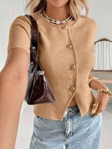 Cárdigan casual de mujer de manga corta, cuello redondo, con botones delanteros, de unicolor y delgado - Albaricoque - Ver 5