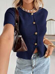Cárdigan casual de mujer de manga corta, cuello redondo, con botones delanteros, de unicolor y delgado - Azul - Ver 5