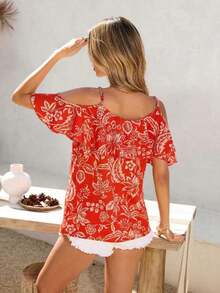 Blusa de mujer de gasa con hombros descubiertos, bajo con volantes y estampado, para primavera/verano y vacaciones - Rojo - Ver 6