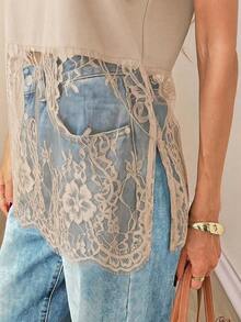 Top de mujer sin mangas de cuello redondo con dobladillo de encaje, primavera/verano - Camel - Ver 7