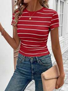 LUNE Conjunto deportivo de tiempo libre para atletismo, ciclismo, running, baloncesto - Camiseta casual cómoda de cuello redondo, ajustada, a rayas blancas y negras con recogido en la cintura, para mujer - Rojo - Ver 5
