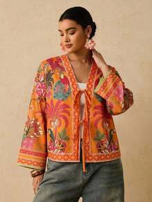 Camisa casual versátil de uso diario con estampado floral y nudo delantero para mujer de talla grande - Naranja - Ver 3