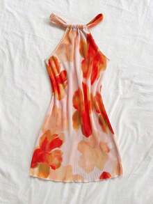 Vestido mini plisado con estampado floral y cuello de halter para mujer, silueta ajustada, ideal para vacaciones, citas, té de tarde, vacaciones, festivales de música, estilo bohemio, primavera/verano - Multicolor 2 - Ver 5