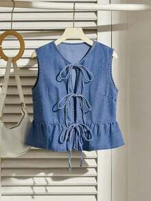 Chaleco de mezclilla casual de mujer con lazo anudado, dobladillo con volantes y color azul - Azul lavado medio - Ver 1