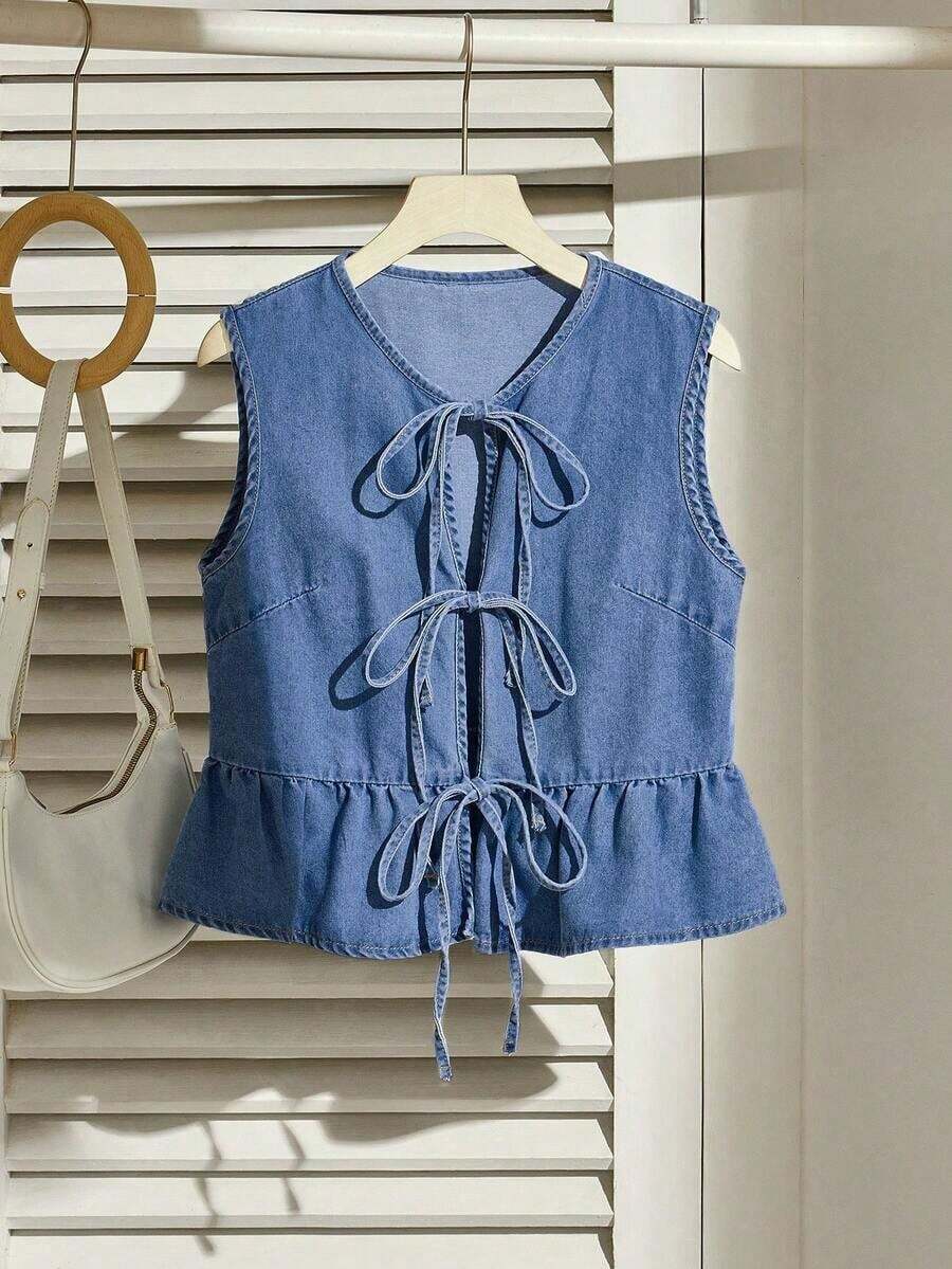 Chaleco de mezclilla casual de mujer con lazo anudado, dobladillo con volantes y color azul - Azul lavado medio - Ver 1