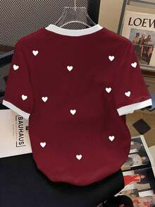 Camiseta casual versátil de manga corta con cuello redondo y estampado de corazón para mujer de talla grande - Blanco 2 - Ver 2