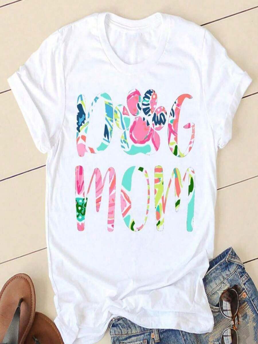 Printed T-Shirts For Women, Oversized Urban Style Tops, Comfortable And Stylish Summer T-Shirts That Go With Everything. Fun Star And Dog Paw Print T-Shirts For Women, Fashionable Ladies' Clothing, Short-Sleeved Cartoon Clothing, Spring And Summer Graphic T-Shirts For Women. - 白色 - 查看 1