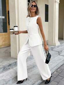 Set de 2 piezas para mujer con top sin mangas con botones delanteros lisos y pantalones largos, conjunto casual - Blanco - Ver 3