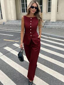 Set de 2 piezas para mujer con top sin mangas con botones delanteros lisos y pantalones largos, conjunto casual - Burdeos - Ver 7