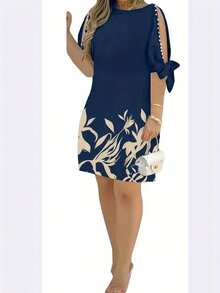 Vestido de mujer con estampado floral, mangas con volantes y adornos de perlas falsas, adecuado para vacaciones, uso casual, diario y diversas reuniones elegantes de verano - Azul marino - Ver 3