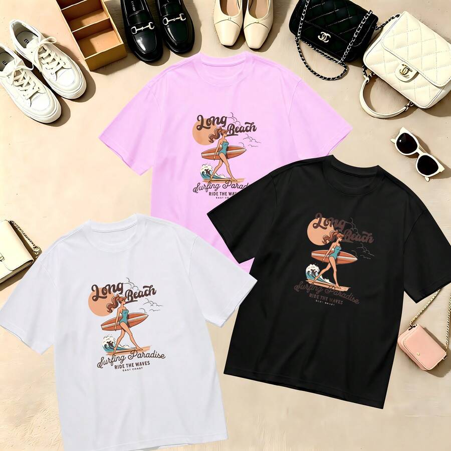Choose One Of The Three Sets Women's T-Shirt Retro Vintage Surfing Paradise 100% Cotton Oversized Soft Breathable Casual Crewneck Short Sleeve Top Summer Vibes Streetwear Aesthetic - 粉色 - 查看 1