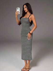 Vestido casual de vacaciones con tirantes finos para mujer - Blanco y Negro - Ver 3