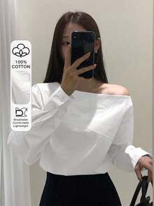 Camisa azul de manga larga con hombro asimétrico de unicolor para mujer, azul claro, primavera/verano/otoño - Blanco - Ver 6