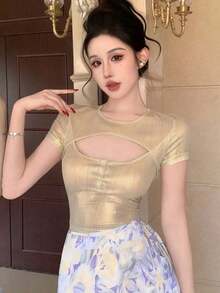 Camiseta de manga corta para mujer con abertura en la parte delantera, top sexy para salir, tops de verano, top corto para mujer - Champán - Ver 6