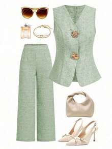 Blusa sin mangas con botones de metal en forma de rosa, estilo francés, para uso casual y de oficina, blusa de verano de alta gama - Verde - Ver 7