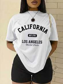 Plus Size T-Shirt For Women California Los Angeles USA - Casual Short Sleeve Crew Neck Blouse With Letter Print, Machine Washable, Spring Summer Outfits, Stylish Clothing - 白色 - 查看 1