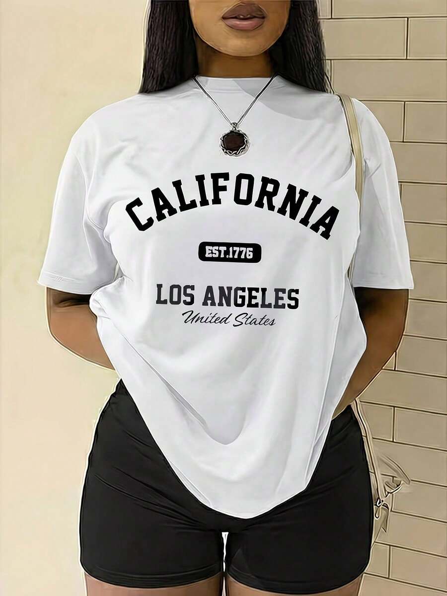 Plus Size T-Shirt For Women California Los Angeles USA - Casual Short Sleeve Crew Neck Blouse With Letter Print, Machine Washable, Spring Summer Outfits, Stylish Clothing - 白色 - 查看 1