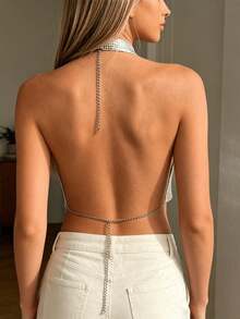 Metallic Halter Tops For Women Metal Chain Backless Vest Summer Shimmer Going Out Tank Tops For Streetwear - Silver-gray - View 6