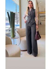 2-Piece Set: Vest With Buttons + Elegant, Sensual, And Chic Wide-Leg Pants - màu đen - Xem 2
