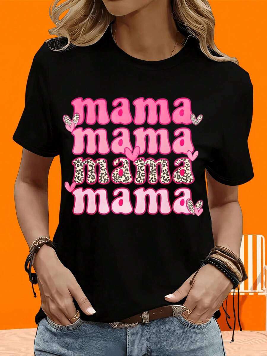 Camiseta de manga corta para mujer, informal, para exteriores y el hogar, 220g, con estampado de leopardo y corazón rosa, regalo para fiestas y vacaciones al aire libre. - Negro - Ver 1