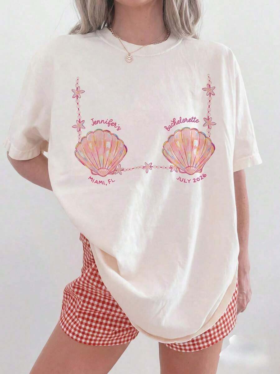 Camiseta casual de manga corta con cuello redondo y hombros caídos para mujer, con estampado de conchas de sirena, ideal para despedidas de soltera -- Camiseta ligera, transpirable y holgada