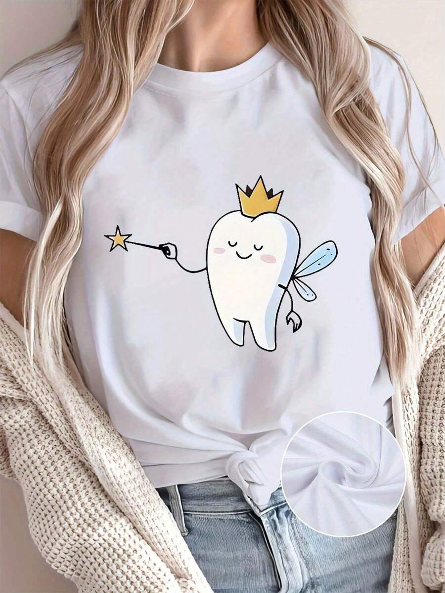 , Cute Tooth Fairy Theme Graphic Print Women'sshirt, Short Sleeve Crew Neck Casual Top Summer & Spring, Women's ClothingLoose And Comfortable - White - View 1