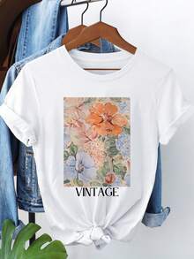 Women's Lightweight T-Shirt With Vintage Floral Print And Lettering - Casual Short-Sleeved Round Neck Top In Soft Beige, Loose Fit, Machine Washable, Suitable For Spring And Summer, Versatile For All Seasons, Ideal For A Casual Everyday Outfit. - 白色 - 查看 1