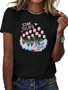 Women's Soft Cotton Vintage T-Shirt With A Butterfly And Starry Tulip Design - Comfortable Fit, Short Sleeves, Crew Neck, Geometric Pattern, Machine Washable, Casual Style, Suitable For All Seasons. | Medium-Stretch Graphic T-Shirt - 黑色 - 查看 1