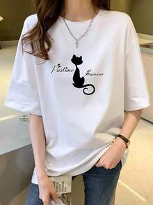 Women's Casual Sports T-Shirt With Cat Print - Summer Design, Relaxed Fit, White T-Shirt With Black Cat Silhouette, Crew Neck, Short Sleeves, Perfect Choice For Summer Fun. Moisture-Wicking, Ideal For The Gym And Casual Wear. - 白色 - 查看 7