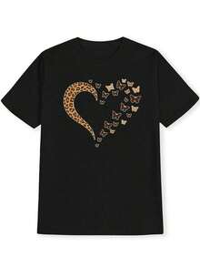 Camiseta de Mujer con Estampado de Leopardo y Gráficos de Corazón y Mariposa - Camiseta Casual Negra de Cuello Redondo y Manga Corta, Tejido de Poliéster Suave, Perfecta para Conjuntos de Primavera y Verano, Camisetas para Damasblusas para mujer>ropa - Negro - Ver 3