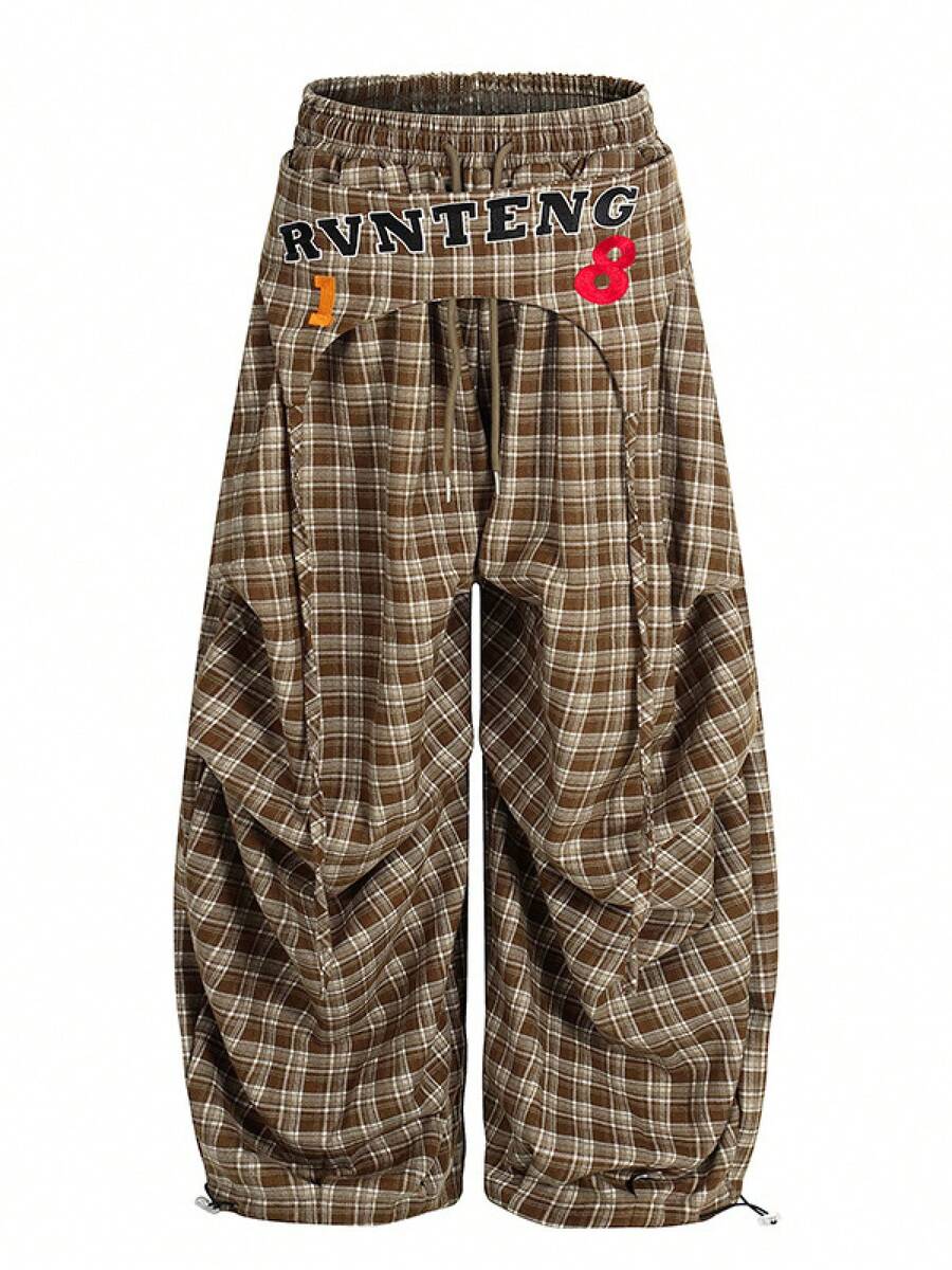Pantalones Mujer Otoño 2026 Estilo Americano, Plisados a Cuadros Borde Curvo, Pantalones Banana de Baile Pierna Ancha Holgados - Caqui - Ver 1