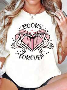 Camiseta para Mujer "Books Forever" con Diseño de Manos de Esqueleto y Corazón, para Amantes de los Libros, Regalo de Lectura, Disfraz de Halloween, Talla Grande, Camisetas de Moda - Blanco - Ver 6