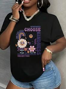 Camiseta gráfica Allseason Apparel Wo de talla grande con estampado inspirador multicolor vibrante y patrones geométricos y florales divertidos, tela suave y transpirable, camiseta casual de manga corta y cuello redondo para el verano, lavable a máquina, 100% algodón para uso diario. - Negro - Ver 1