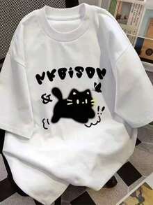 Camiseta Casual de Manga Corta para Mujer, con Estampado de Gato Negro y Letras Divertidas - 100% Algodón Puro, Lavable a Máquina, Cuello Redondo, para Primavera, Verano, Otoño e Invierno, Camiseta Versátil para Todas las Temporadas, Corte Holgado, Tela Cómoda JLKO Adecuada como regalo. playera de mujer. blusas>elegantes. boho chic,Top de mujer suave, transpirable y cómodo, ideal para primavera, verano y otoño, perfecto para vacaciones, viajes y uso diario. - Blanco - Ver 7