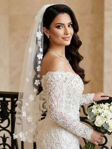 Short 3D Floral Bridal Veil - Multicolor - View 2
