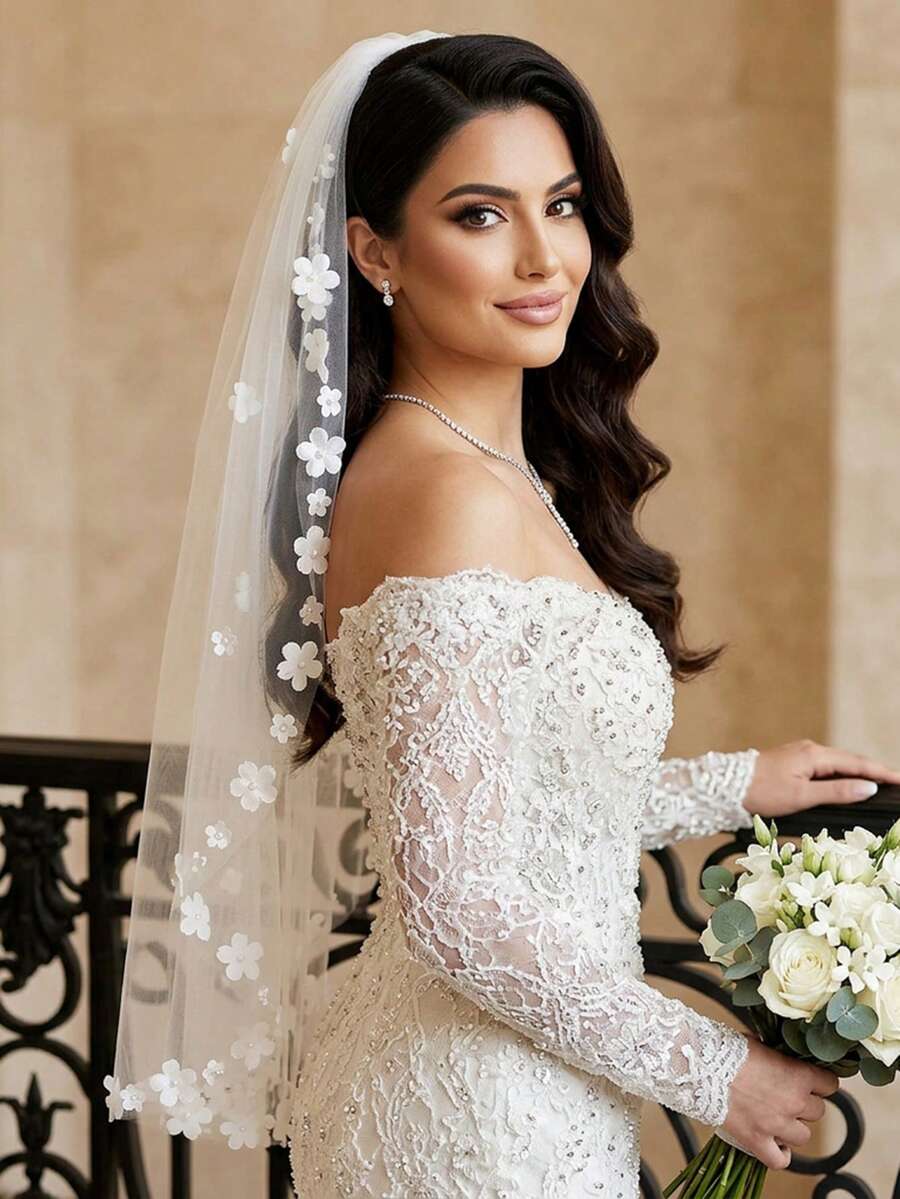 Short 3D Floral Bridal Veil