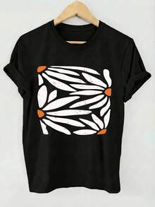 Suave camiseta básica de moda primavera/verano para mujer, de manga corta y cuello redondo, con un patrón abstracto de pétalos blancos, adornada con puntos naranjas, con un efecto de textura desgastada, adecuada para uso casual, se puede usar en casa o al aire libre, camiseta ajustada versátil en varios colores, material cómodo, para entusiastas de la moda, blusas elegantes para mujer. - Negro - Ver 3
