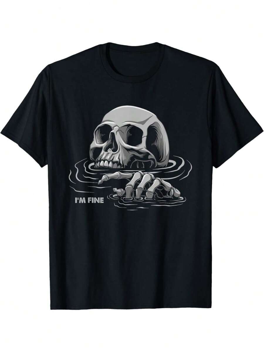 I'm Fine Shirt Goth Halloween Skull Broken Heart Emo Single T-Shirt - Black - View 1